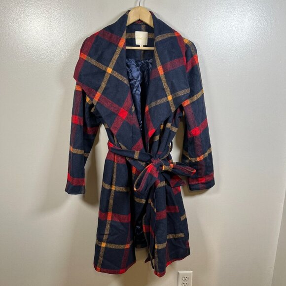 ModCloth Jackets & Blazers - Modcloth Plaid Wrap Coat Size 2X Wool Blend Blue Red Belted Retro Classic Fall